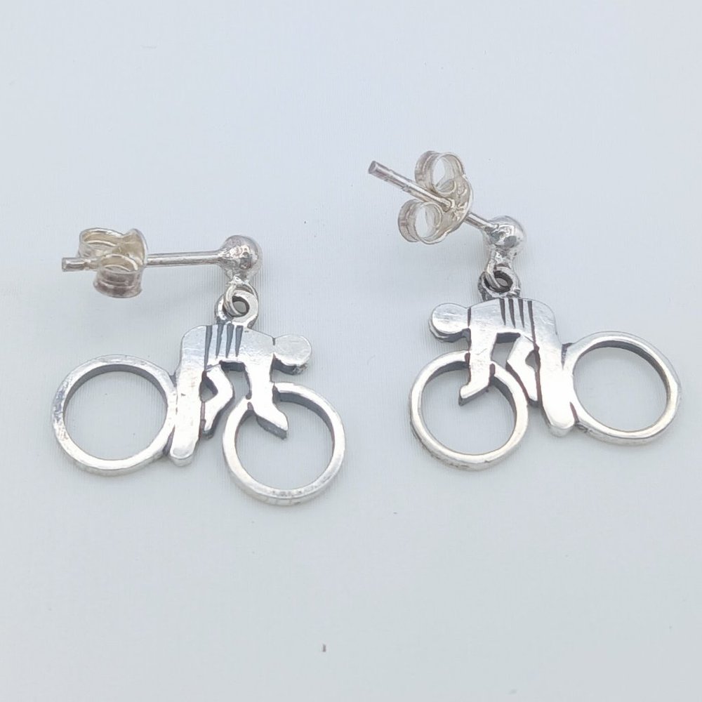 Vintage Sterling Silver Bicycle Bike Rider Dangle Post Earrings - SIGNED!